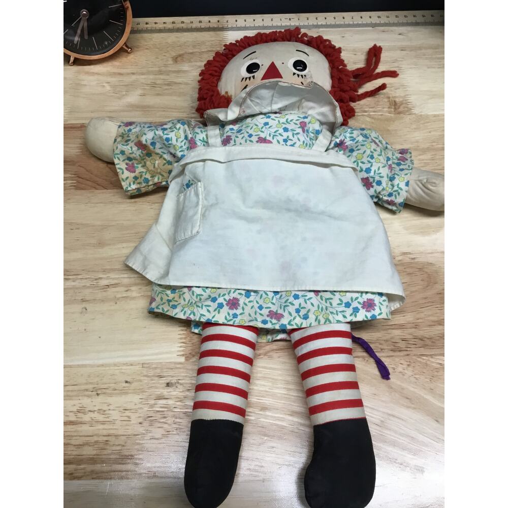 Vintage Raggedy Ann Cloth Red Hair Striped Stockings Embroidered Face Girl Doll